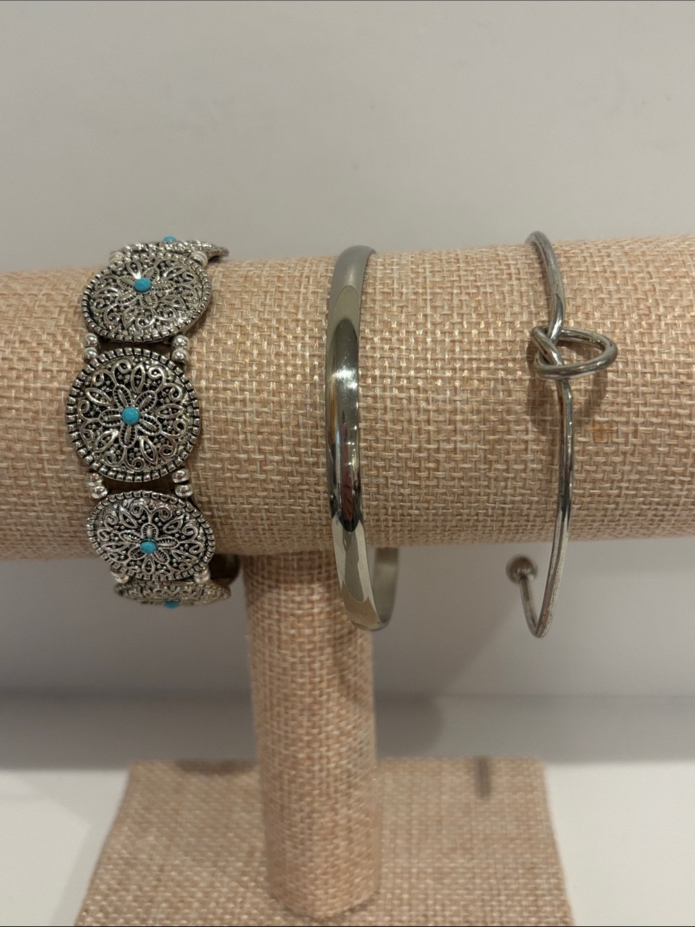 Lot of 3 Silver-Tone Bracelets – Boho Medallion & Sleek Minimalist Bangles